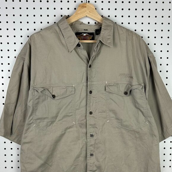Harley‎ Davidson Motorcycle Biker Sz XL Mechanic Shirt Beige Khaki Work Wear - Picture 1 of 6
